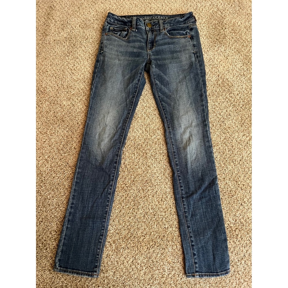 American Eagle Womens Skinny Stretch Jeans 4 Blue Denim Good Fade Distressed Hem
